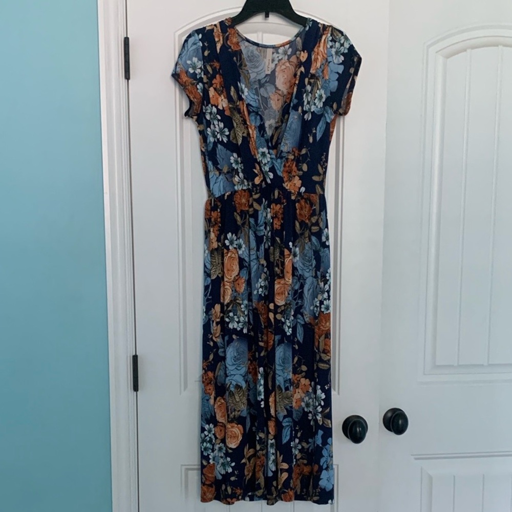 ModCloth floral dress S small navy orange midi